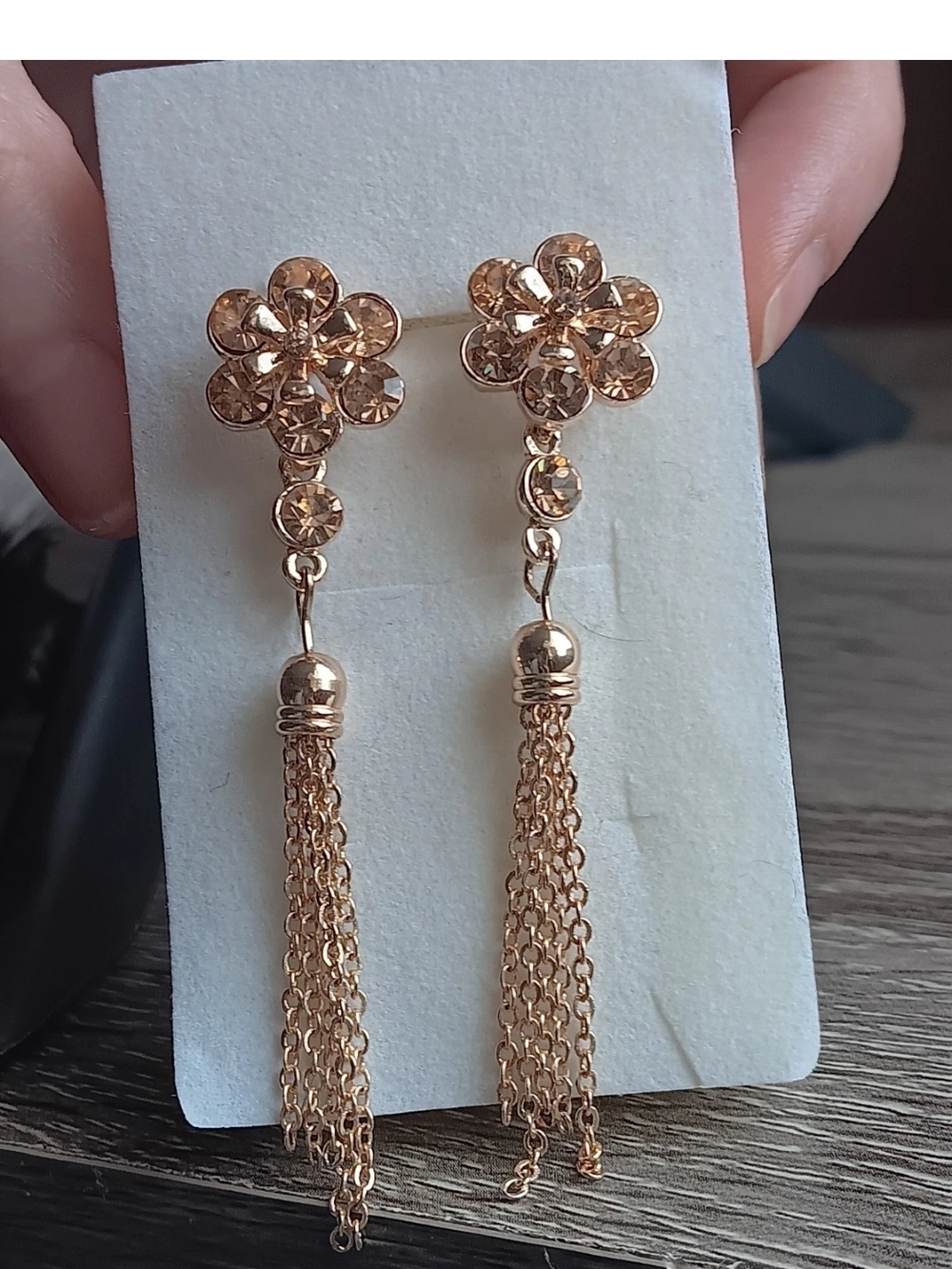 Rose Gold Tone Rhinestone Flower Tassle Dangle Earrings